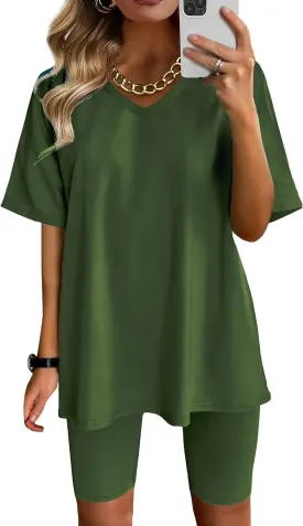 AGSEEM Two Piece Outfits For Women Summer V Neck T-Shirt Tops Biker Shorts Workout Sports Tracksuit