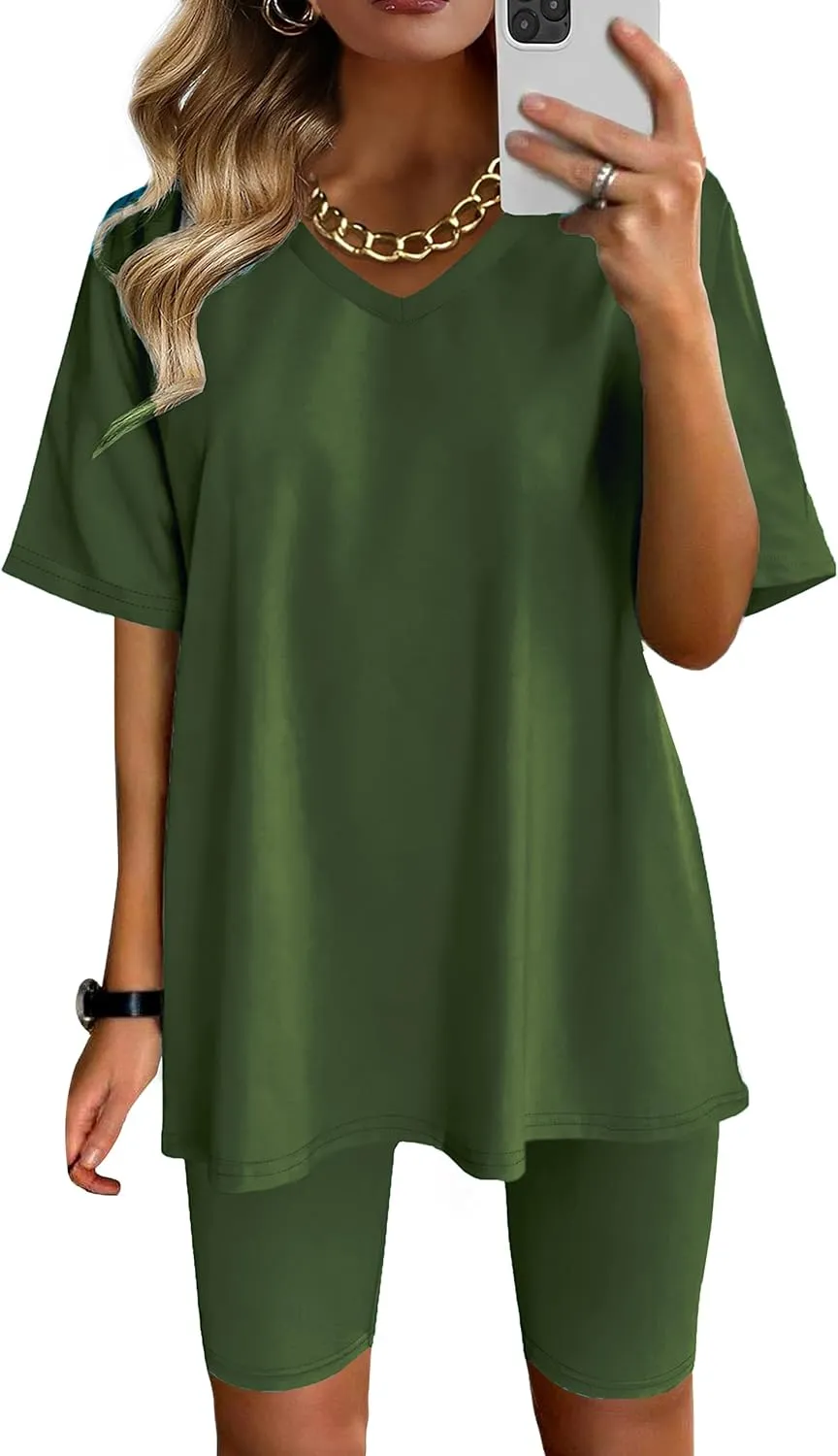 AGSEEM Two Piece Outfits For Women Summer V Neck T-Shirt Tops Biker Shorts Workout Sports Tracksuit
