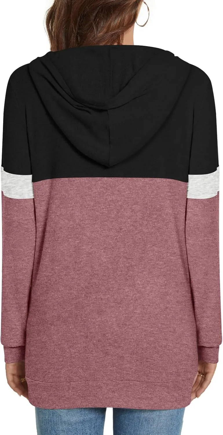 CATHY Womens Long Sleeve Hoodies Tops Casual Color Block Sweatshirts Comfy Drawstring Pullover with Pocket