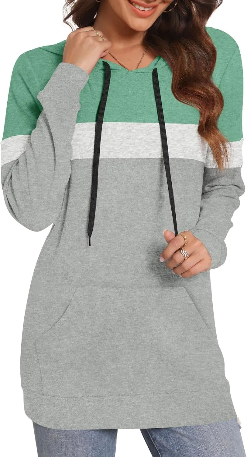 CATHY Womens Long Sleeve Hoodies Tops Casual Color Block Sweatshirts Comfy Drawstring Pullover with Pocket