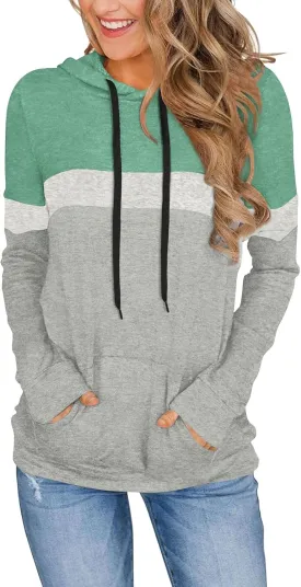 CATHY Womens Long Sleeve Hoodies Tops Casual Color Block Sweatshirts Comfy Drawstring Pullover with Pocket