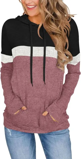 CATHY Womens Long Sleeve Hoodies Tops Casual Color Block Sweatshirts Comfy Drawstring Pullover with Pocket