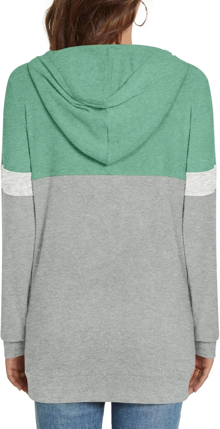 CATHY Womens Long Sleeve Hoodies Tops Casual Color Block Sweatshirts Comfy Drawstring Pullover with Pocket