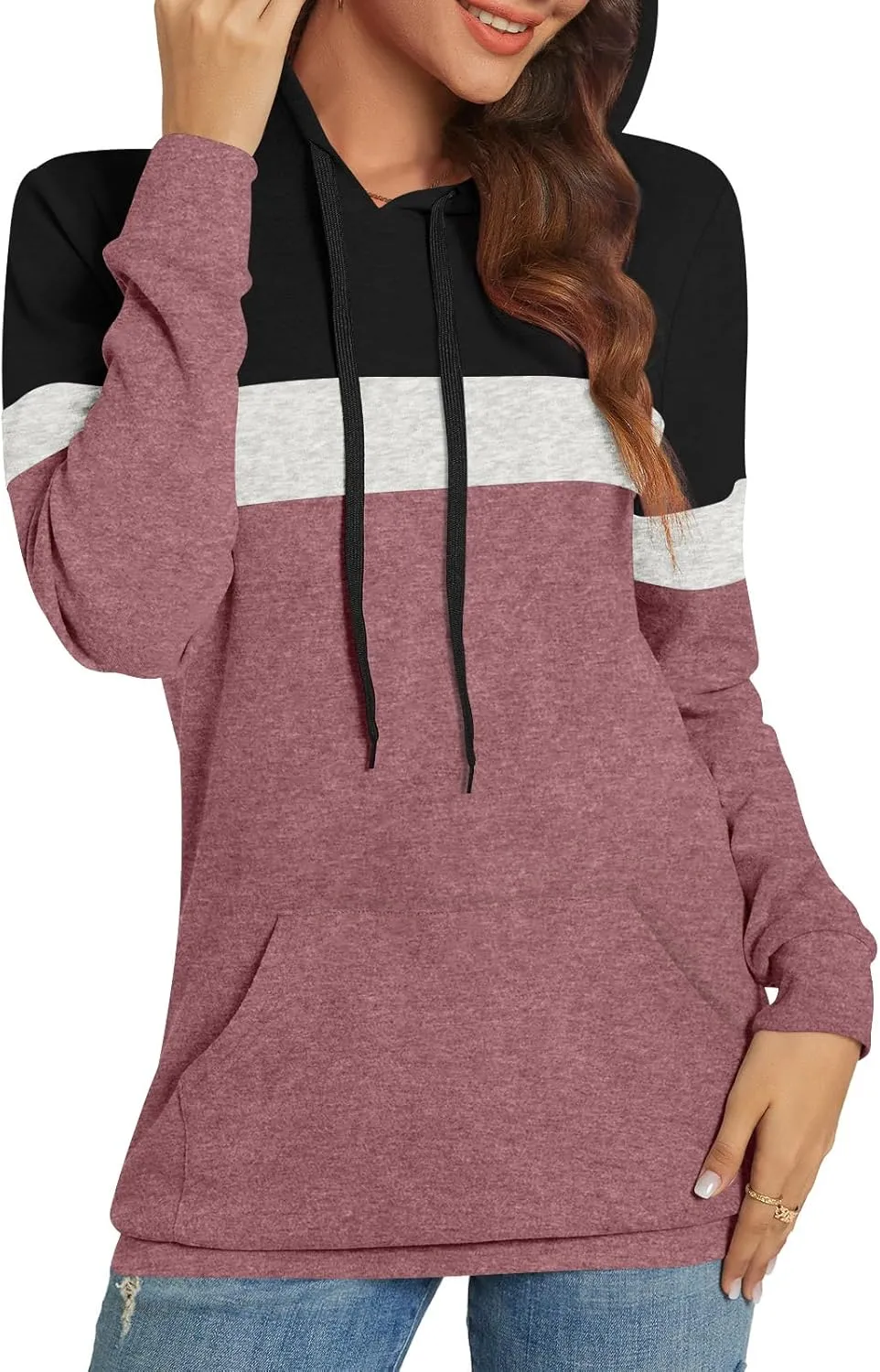 CATHY Womens Long Sleeve Hoodies Tops Casual Color Block Sweatshirts Comfy Drawstring Pullover with Pocket