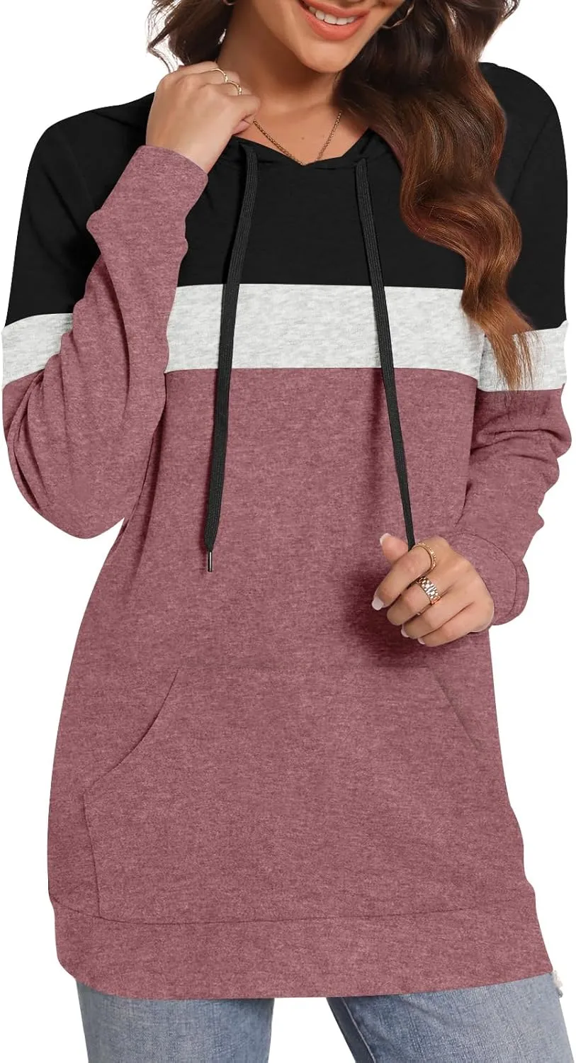 CATHY Womens Long Sleeve Hoodies Tops Casual Color Block Sweatshirts Comfy Drawstring Pullover with Pocket