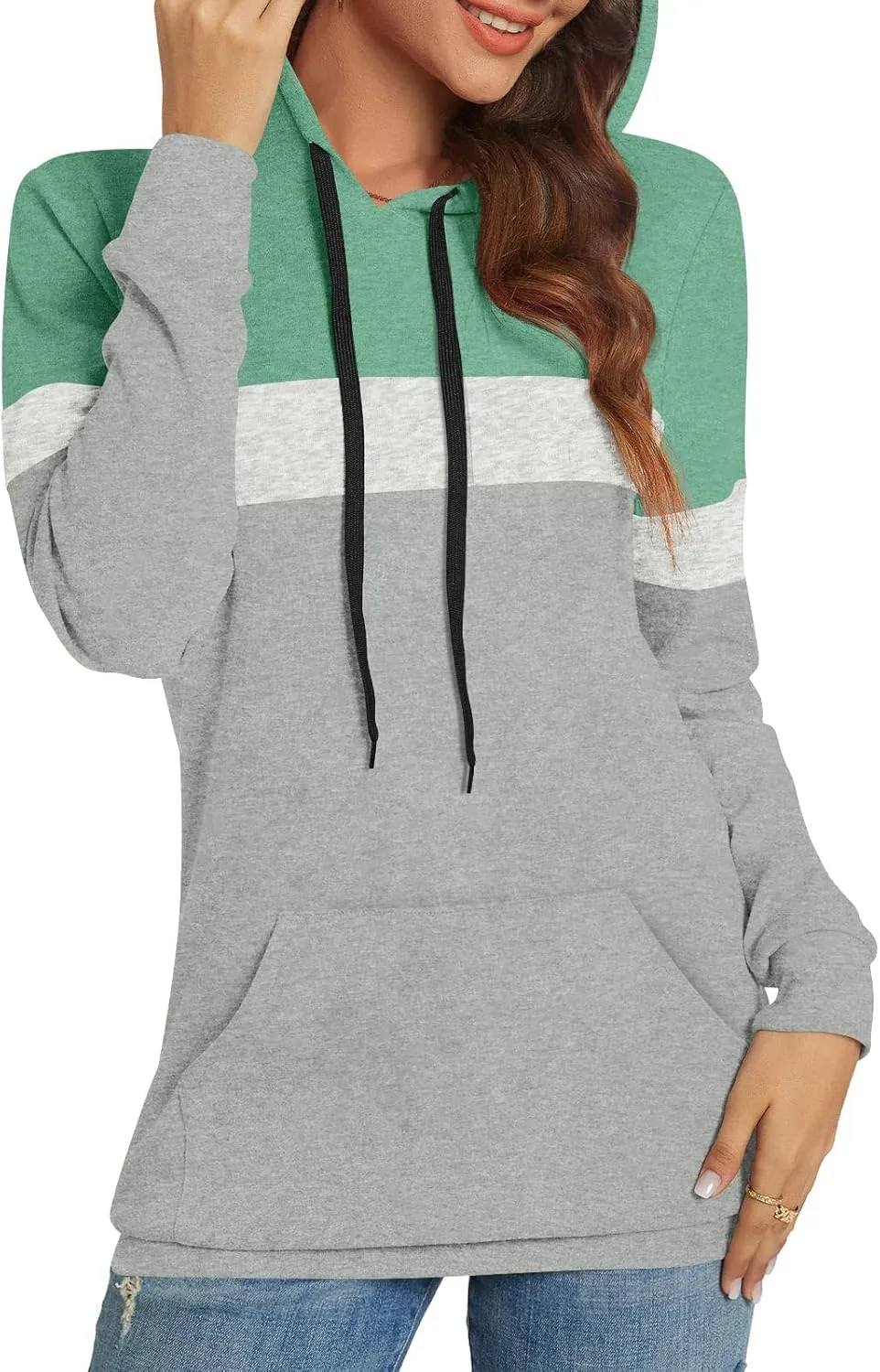 CATHY Womens Long Sleeve Hoodies Tops Casual Color Block Sweatshirts Comfy Drawstring Pullover with Pocket