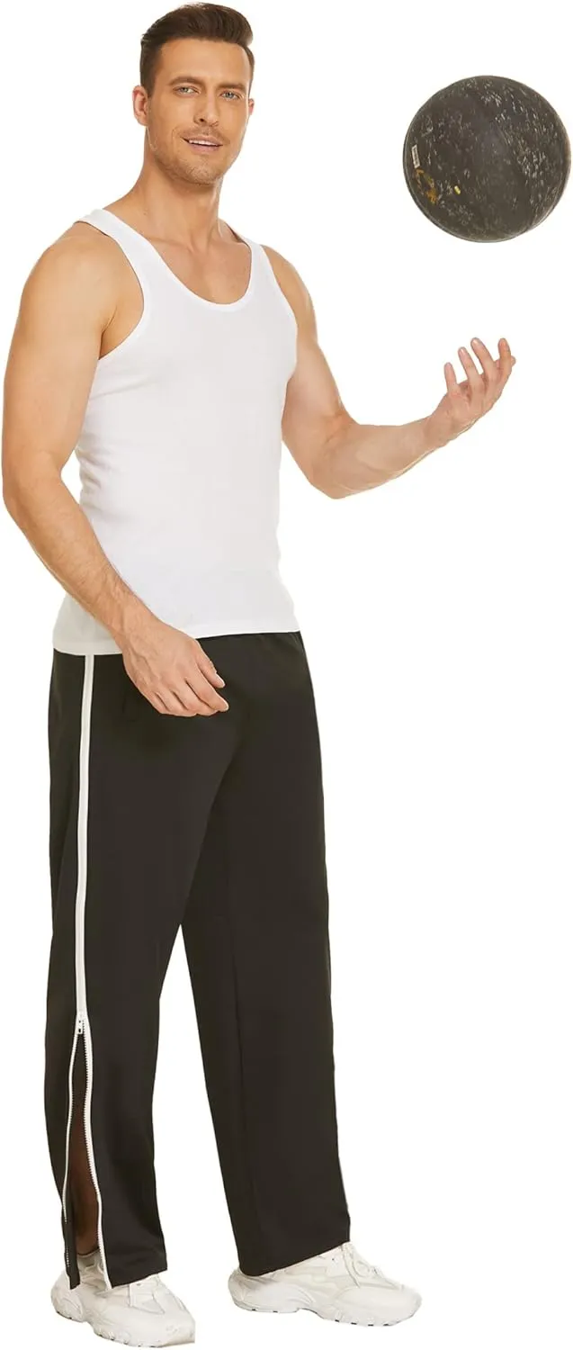 Deyeek Mens Tear Away Basketball Pants 2 Side Zippers Snap Off Full Open Down Sweatpants Leg Post Surgery Pant with Pockets