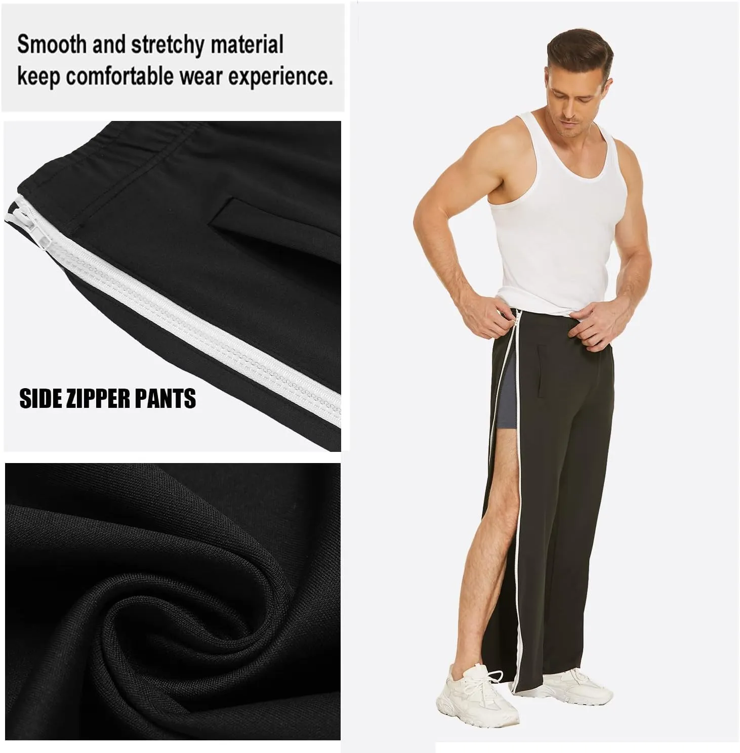 Deyeek Mens Tear Away Basketball Pants 2 Side Zippers Snap Off Full Open Down Sweatpants Leg Post Surgery Pant with Pockets