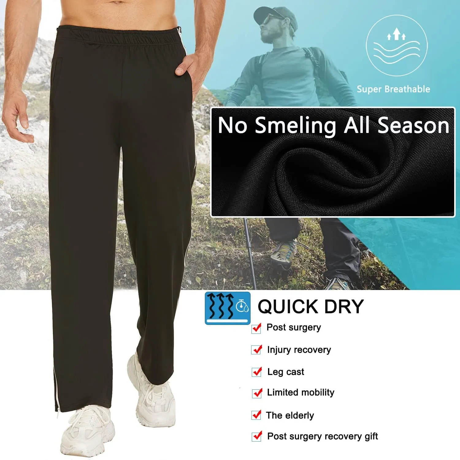 Deyeek Mens Tear Away Basketball Pants 2 Side Zippers Snap Off Full Open Down Sweatpants Leg Post Surgery Pant with Pockets
