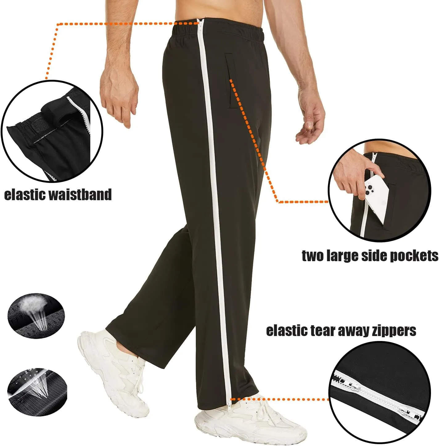 Deyeek Mens Tear Away Basketball Pants 2 Side Zippers Snap Off Full Open Down Sweatpants Leg Post Surgery Pant with Pockets