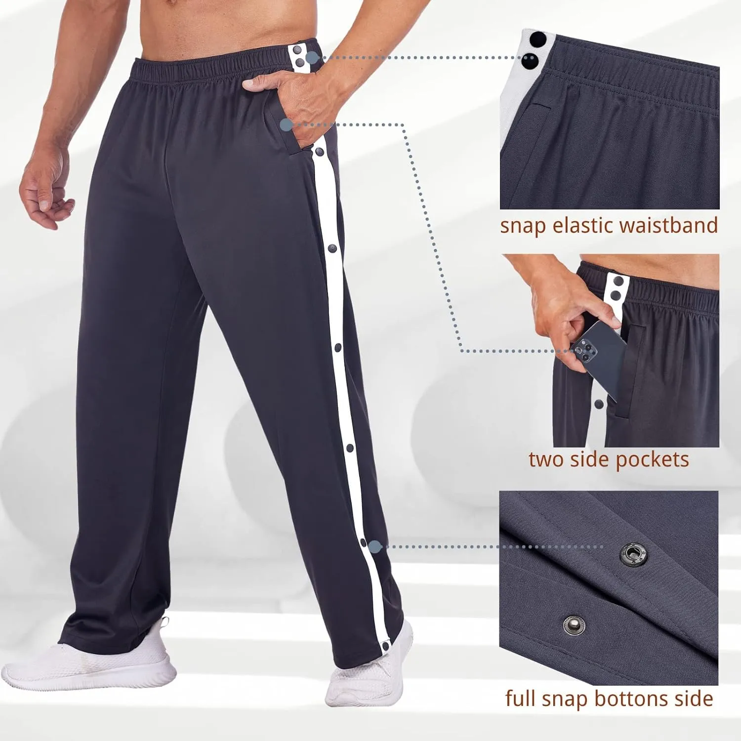 Deyeek Men's Tear Away Basketball Pants High Split Snap Button Casual Post-Surgery Sweatpants with Pockets
