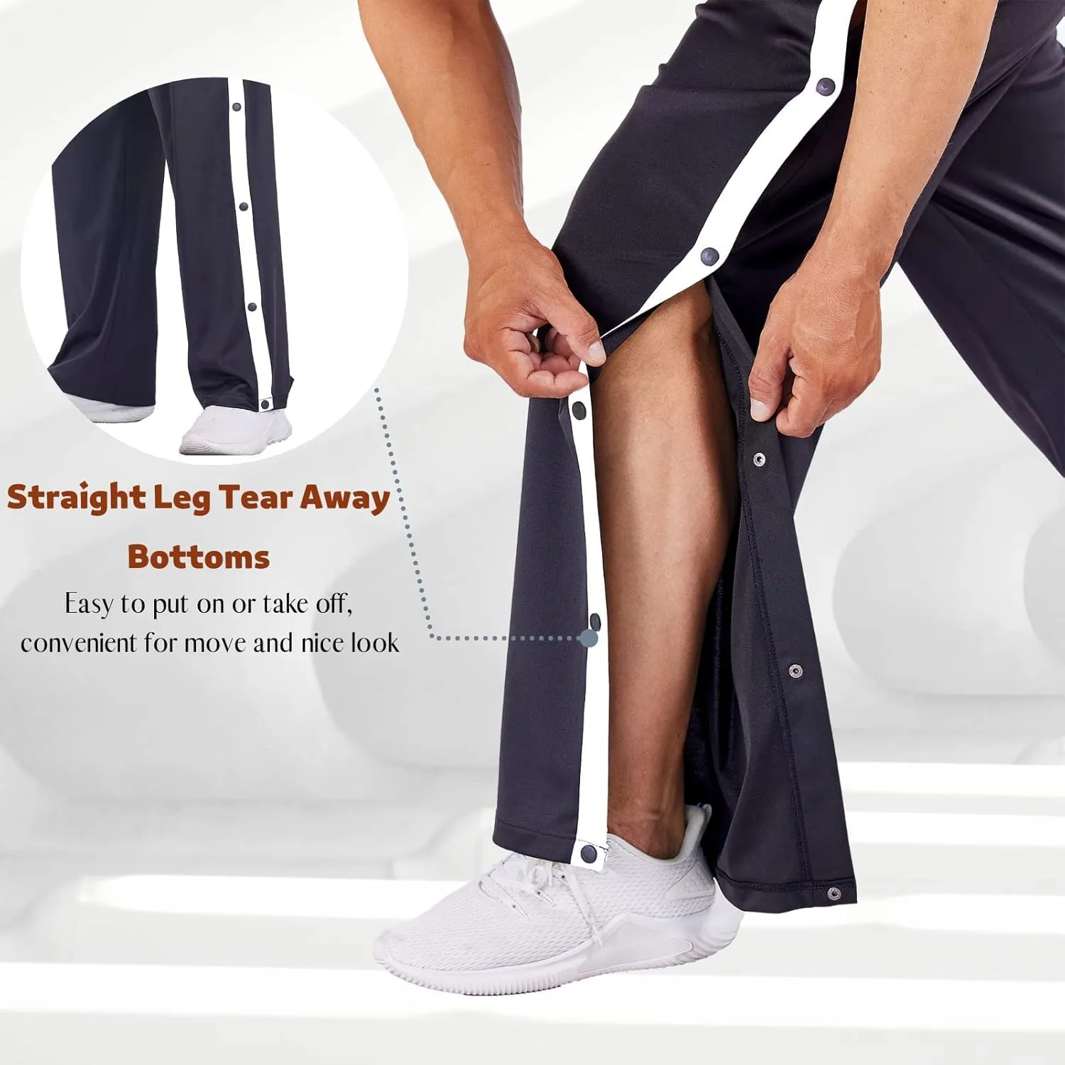 Deyeek Men's Tear Away Basketball Pants High Split Snap Button Casual Post-Surgery Sweatpants with Pockets