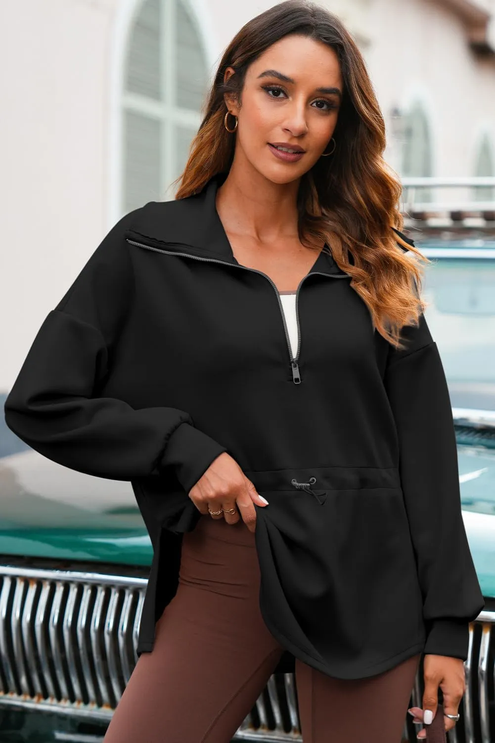 Dokotoo Womens Oversized Sweatshirts Half Zip Drawstring Waist Long Sleeve Side Slits Casual Pullover Sweatshirt Tops