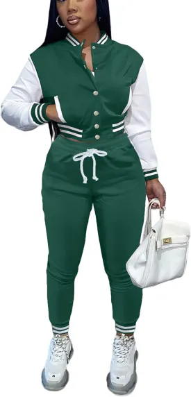 Fooullaide Women's Varsity Jacket Sweatsuit 2 Piece Tracksuit Crop Top Button Down Letterman Jackets Pants Sets