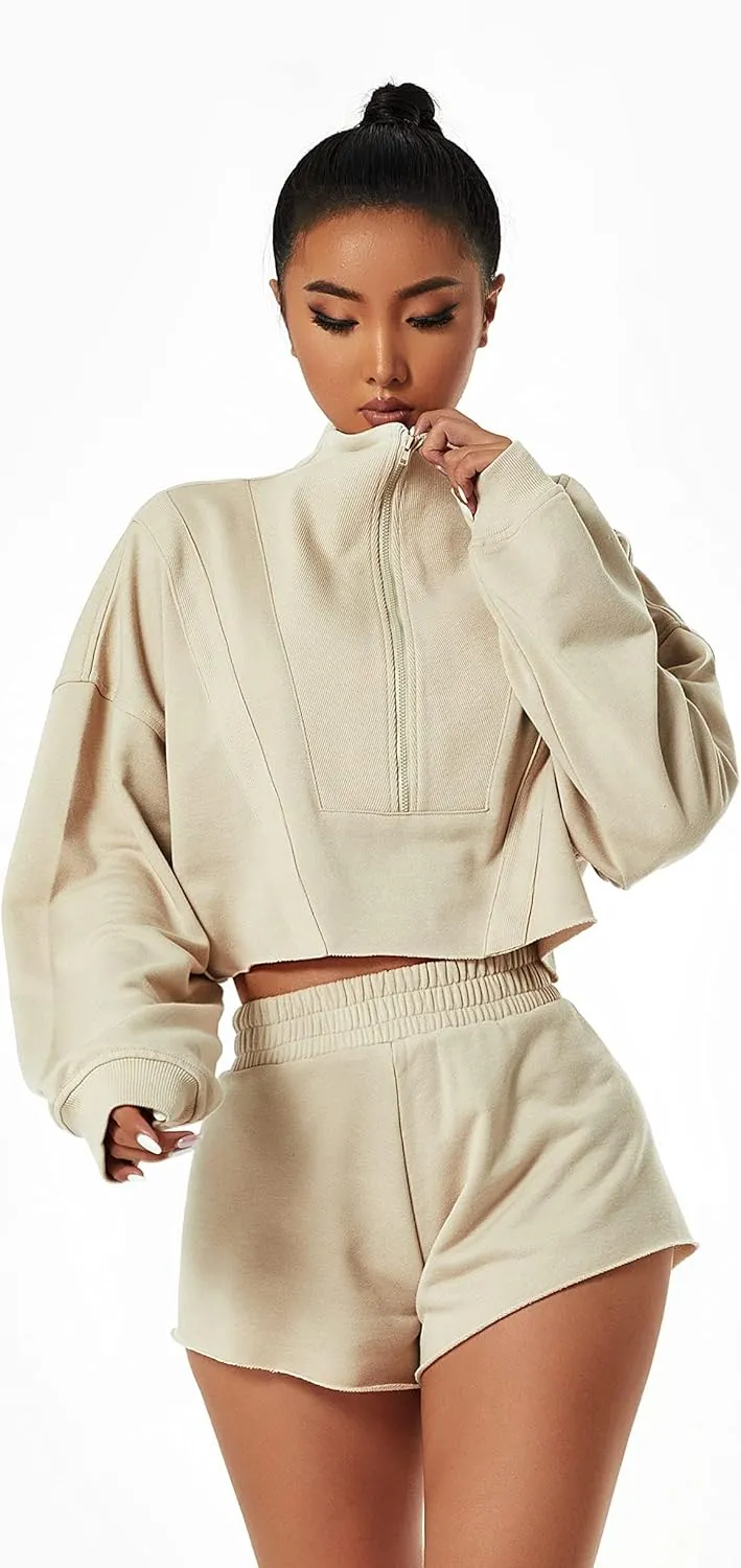 HerGymClothing Womens Cropped Sweatshirt Long Sleeve Half Zip Loose Workout Crop Athletic Jacket