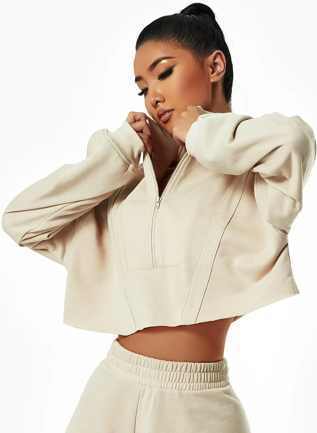 HerGymClothing Womens Cropped Sweatshirt Long Sleeve Half Zip Loose Workout Crop Athletic Jacket