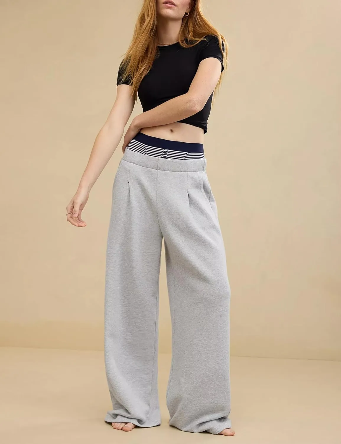 HeSaYep Women's Wide Leg Sweatpants Baggy Straight Leg Sweat Pants Elastic High Waisted Loose Pants with Pockets