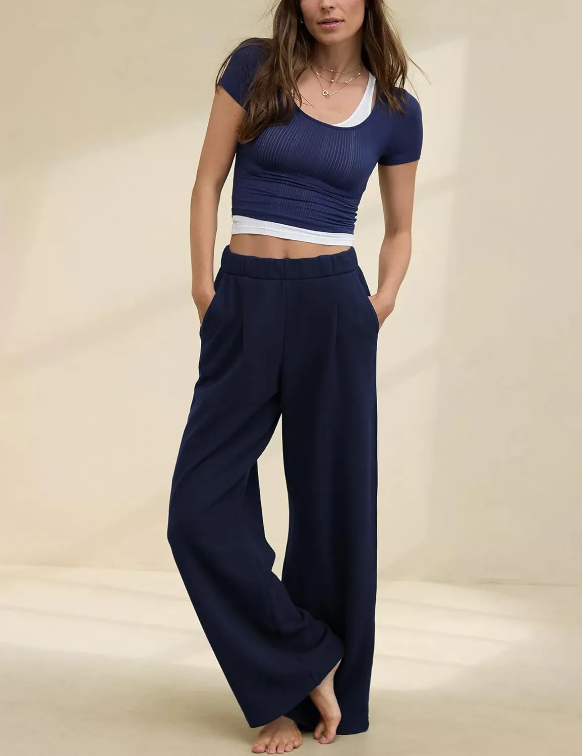 HeSaYep Women's Wide Leg Sweatpants Baggy Straight Leg Sweat Pants Elastic High Waisted Loose Pants with Pockets