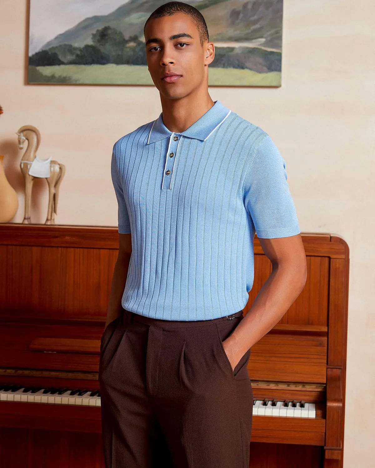 Kallspin Men's Vintage Knitted Polo Shirt Short Sleeve Solid Collared Golf Shirts with Button