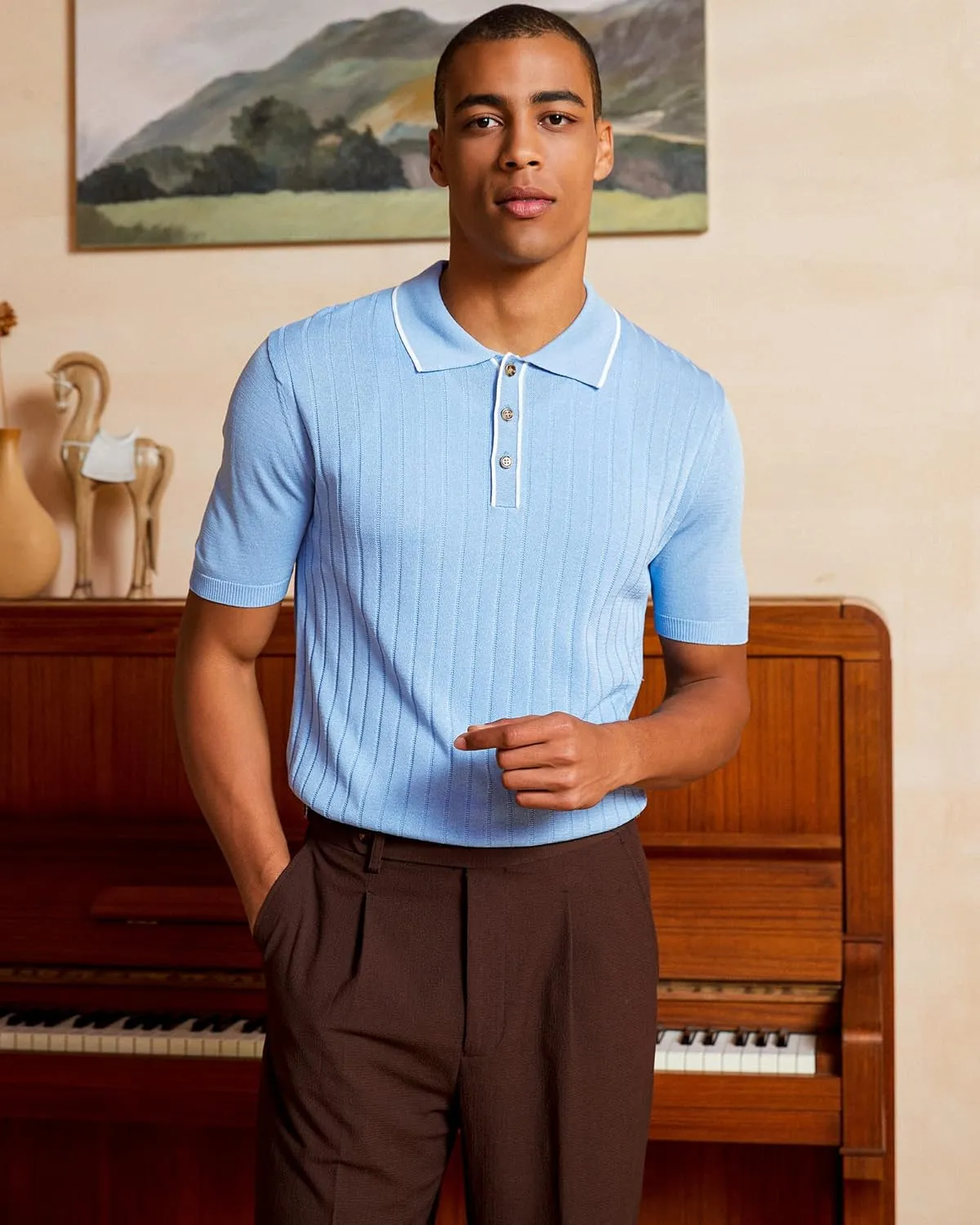 Kallspin Men's Vintage Knitted Polo Shirt Short Sleeve Solid Collared Golf Shirts with Button