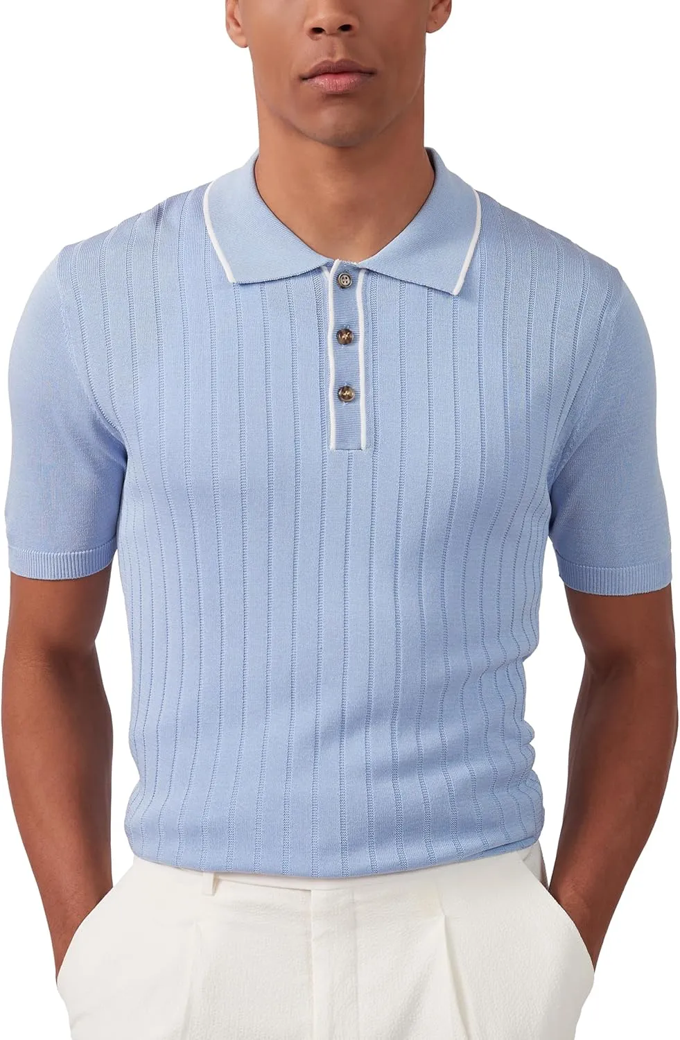 Kallspin Men's Vintage Knitted Polo Shirt Short Sleeve Solid Collared Golf Shirts with Button