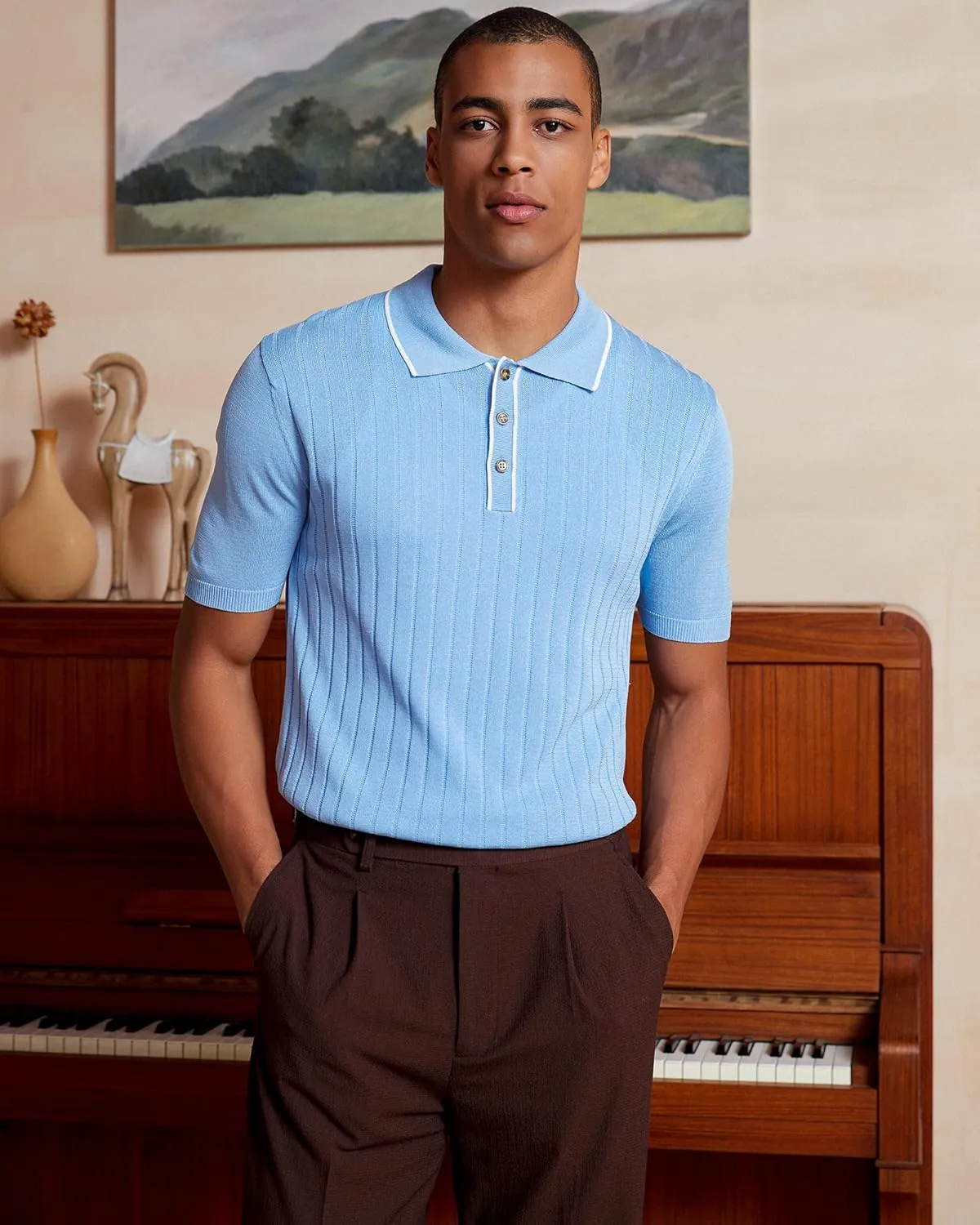 Kallspin Men's Vintage Knitted Polo Shirt Short Sleeve Solid Collared Golf Shirts with Button