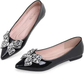 Leather Ballet Flats for Women Bling Rhinestone Fashionable Pointed Slip on Comfort Breathable Wedding Flats Shoes for Women Dress Shoes