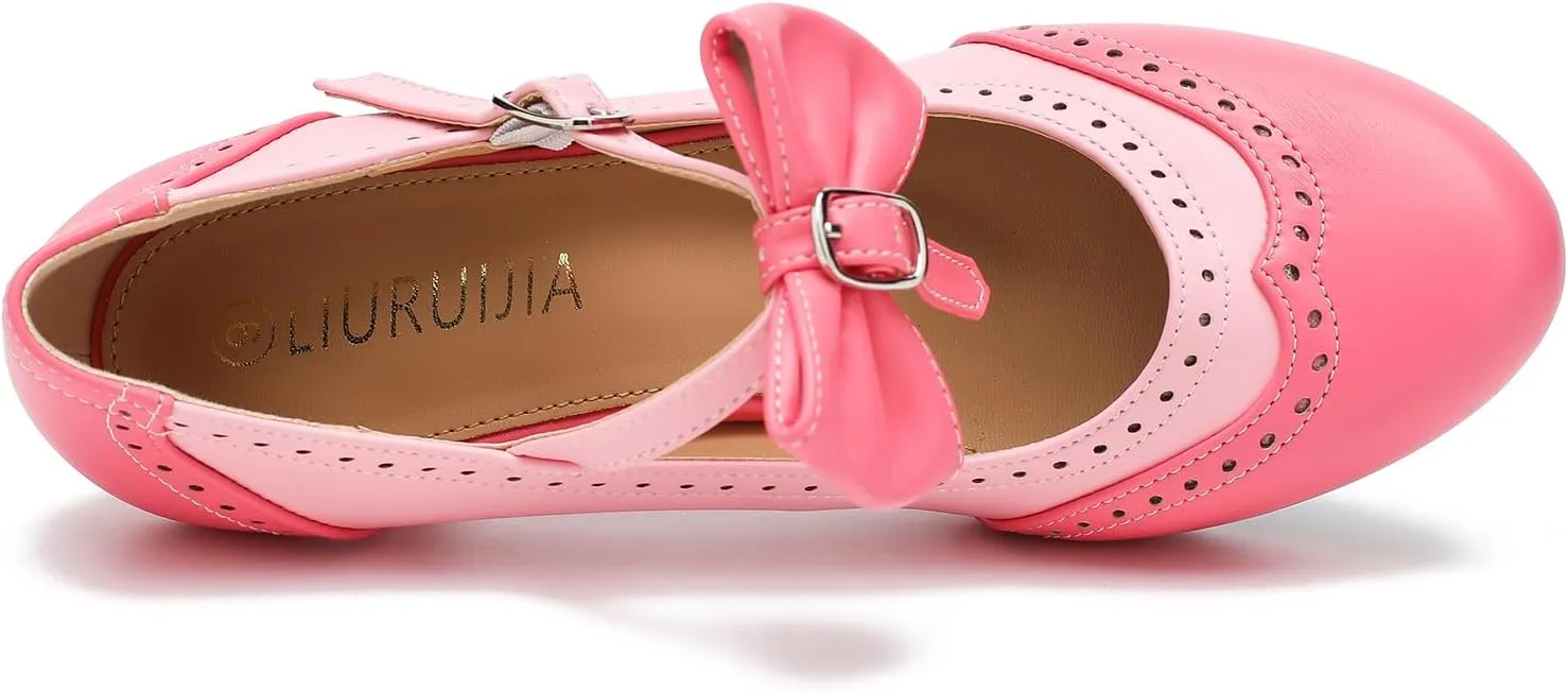 LIURUIJIA Women's Low Kitten Heel Mary Jane Oxfords Pumps Comfortable Ankle Strap Dress Shoes with Bow
