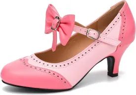 LIURUIJIA Women's Low Kitten Heel Mary Jane Oxfords Pumps Comfortable Ankle Strap Dress Shoes with Bow