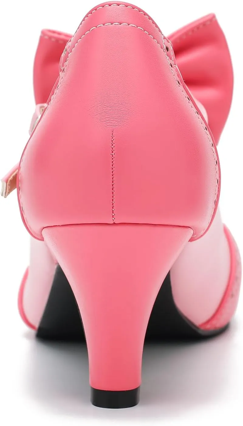 LIURUIJIA Women's Low Kitten Heel Mary Jane Oxfords Pumps Comfortable Ankle Strap Dress Shoes with Bow