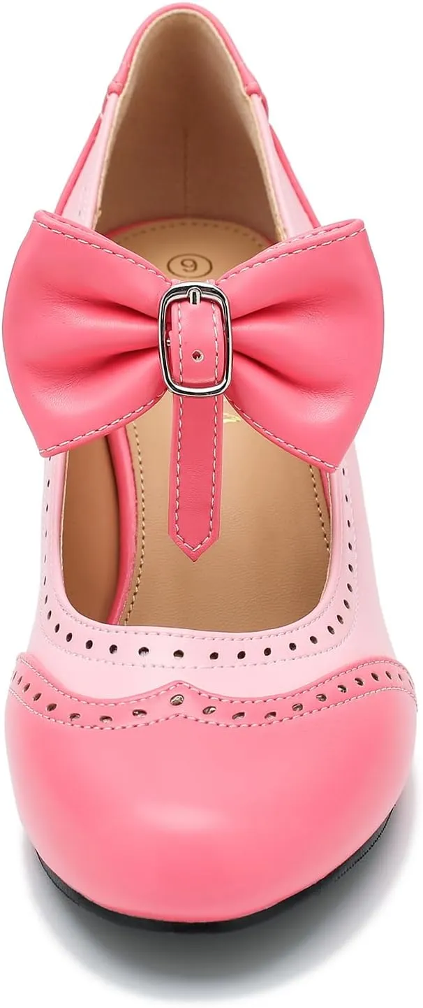 LIURUIJIA Women's Low Kitten Heel Mary Jane Oxfords Pumps Comfortable Ankle Strap Dress Shoes with Bow