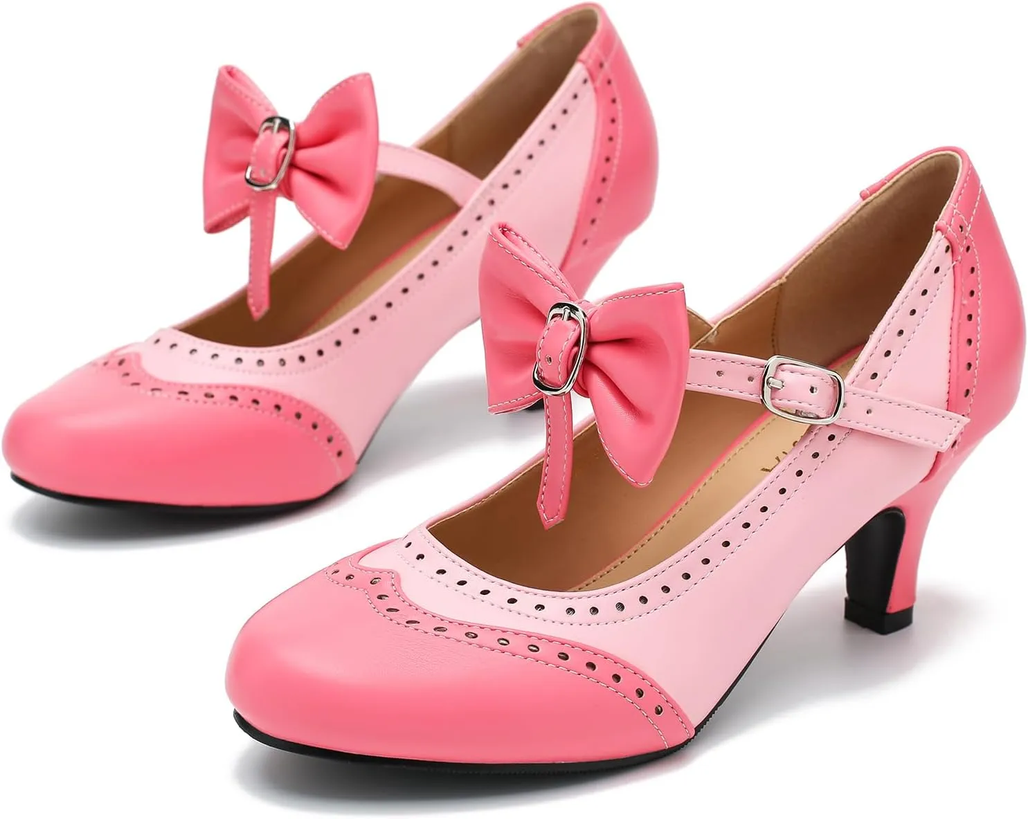 LIURUIJIA Women's Low Kitten Heel Mary Jane Oxfords Pumps Comfortable Ankle Strap Dress Shoes with Bow
