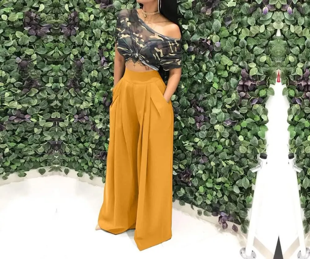 LROSEY Women Casual Stretchy Wide Leg Palazzo Pants with Pockets Flowy Dress Pants High Waisted Trousers