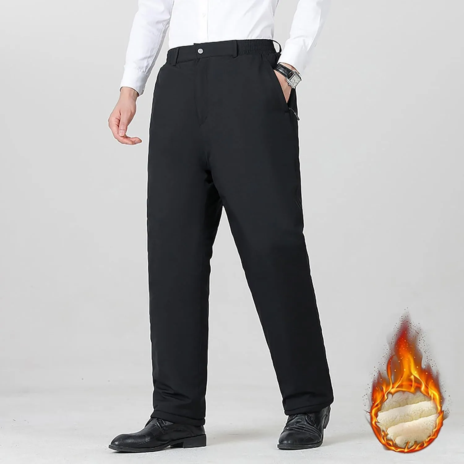 Men Casual Fleece Work Pants Winter Warm Business Office Lounge Pant Trendy Thick Sherpa Lined Straight Trousers