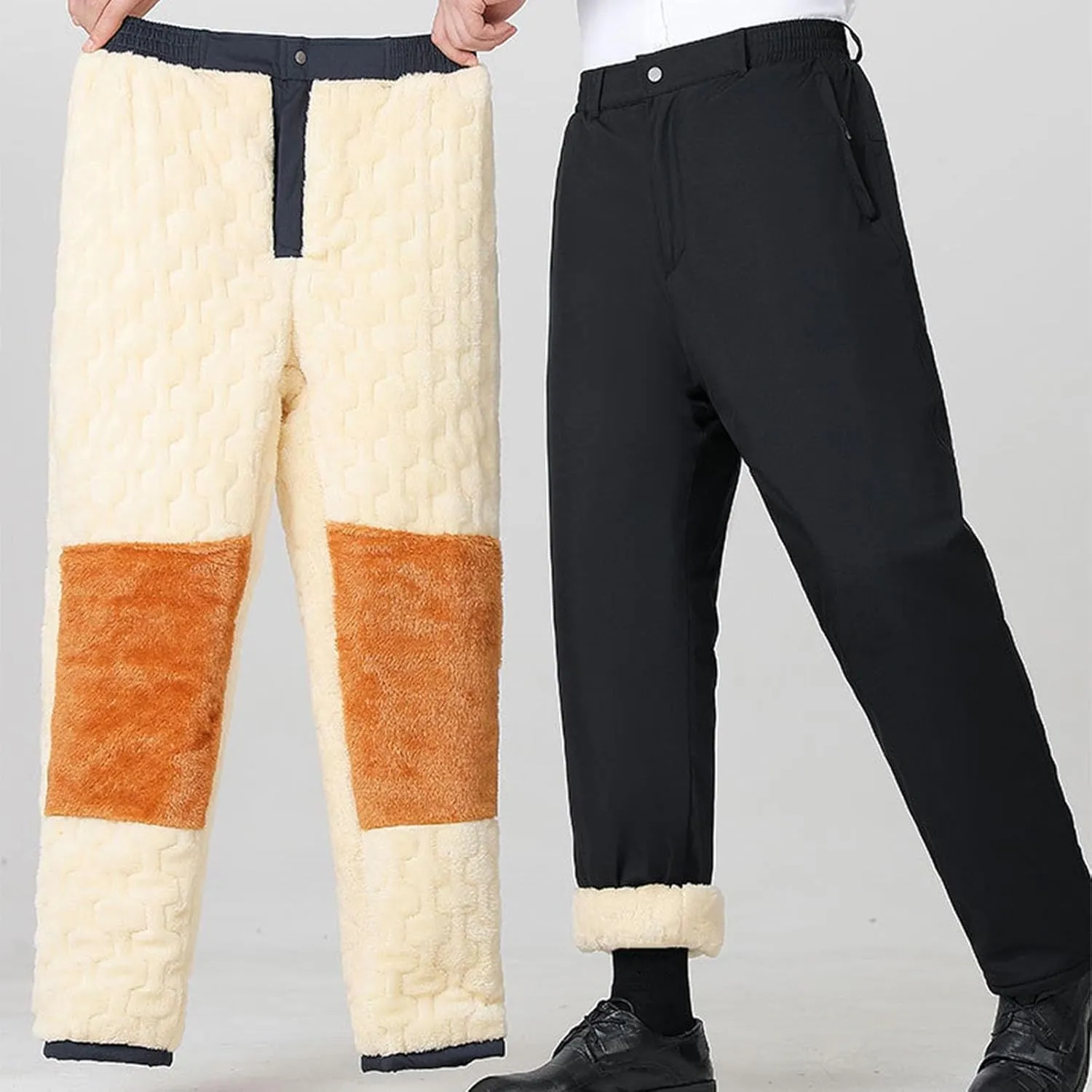 Men Casual Fleece Work Pants Winter Warm Business Office Lounge Pant Trendy Thick Sherpa Lined Straight Trousers