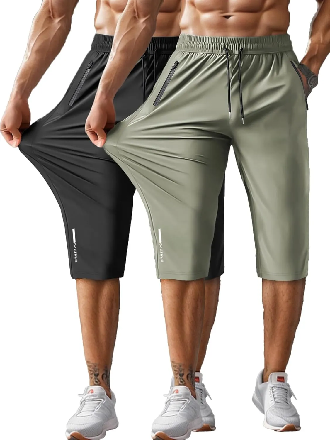 Men's Capri Pants 3/4 Joggers Gym/Workout/Hiking Below Knee Long Shorts Lightweight Quick Dry with Zipper Pockets