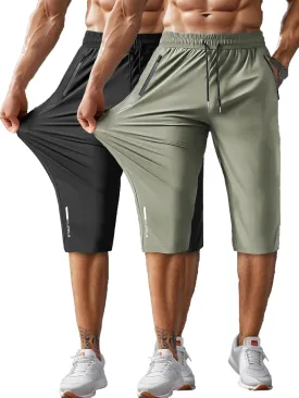 Men's Capri Pants 3/4 Joggers Gym/Workout/Hiking Below Knee Long Shorts Lightweight Quick Dry with Zipper Pockets