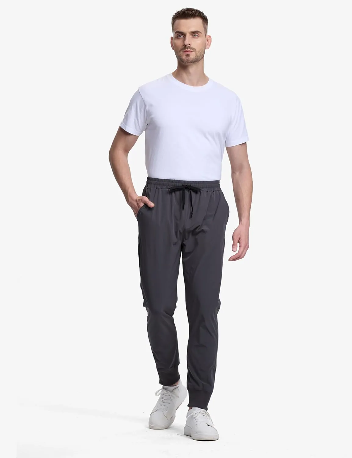 Men's Lightweight Quick Dry Joggers Travel Athletic Outdoor Running Pants with Card Pocket and Zipper Cuff