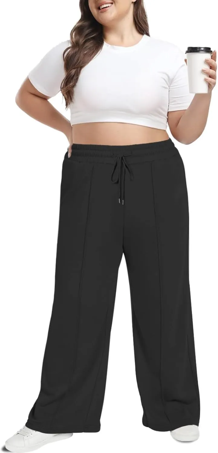 Moon Wood Women's Plus Size Sweatpants High Waisted Straight Wide Leg Casual Pants Baggy Lounge Pants with Pockets