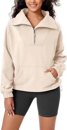 ODODOS Cinchable Sweatshirts for Women Funnel Neck Half Zipper Hoodies Fleece Lined Oversized Pullover