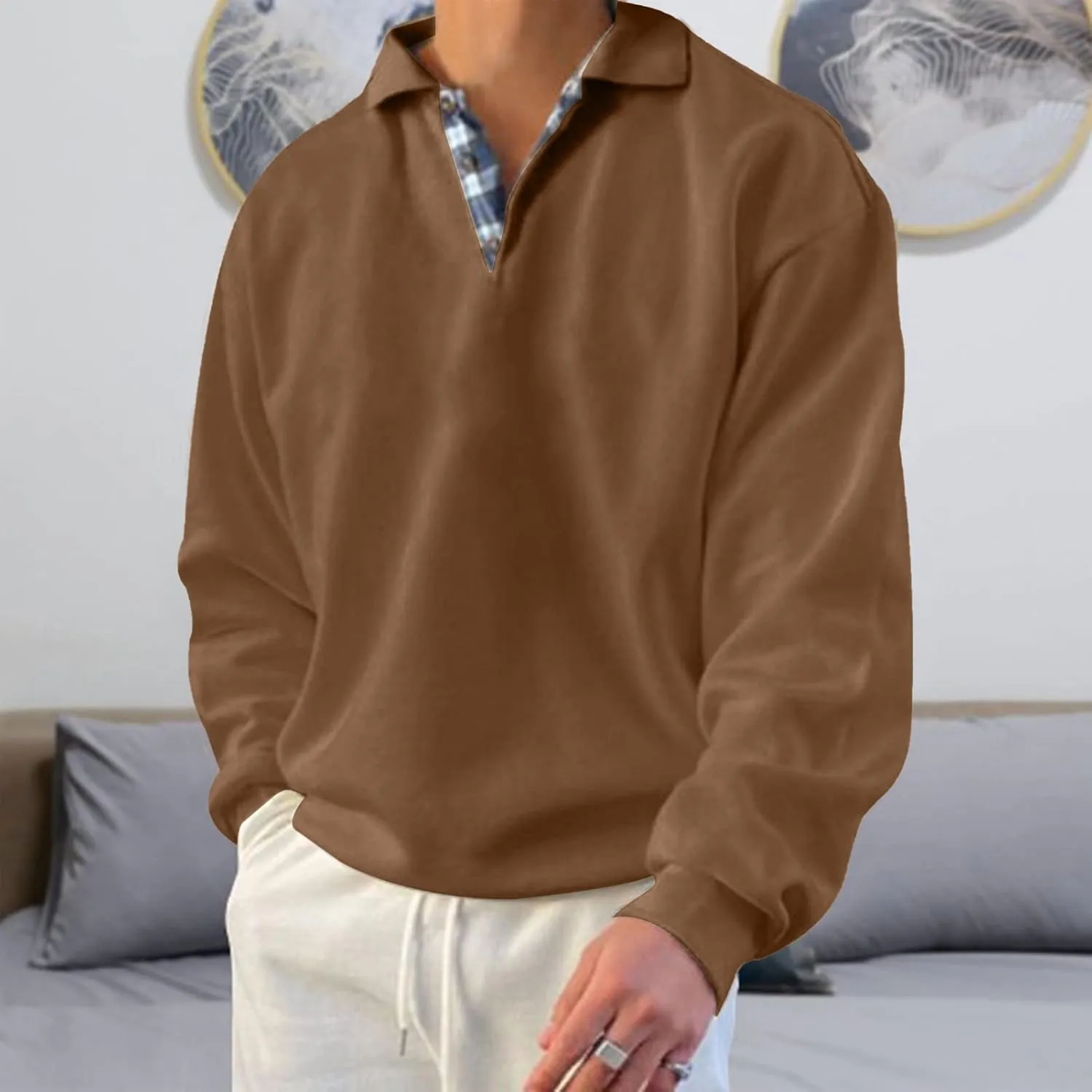 Opomelo Men's Long Sleeve Pullover Polo Shirts-Casual Loose Fit Sweatshirts V Neck Tops