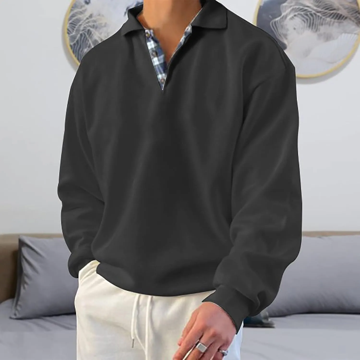 Opomelo Men's Long Sleeve Pullover Polo Shirts-Casual Loose Fit Sweatshirts V Neck Tops