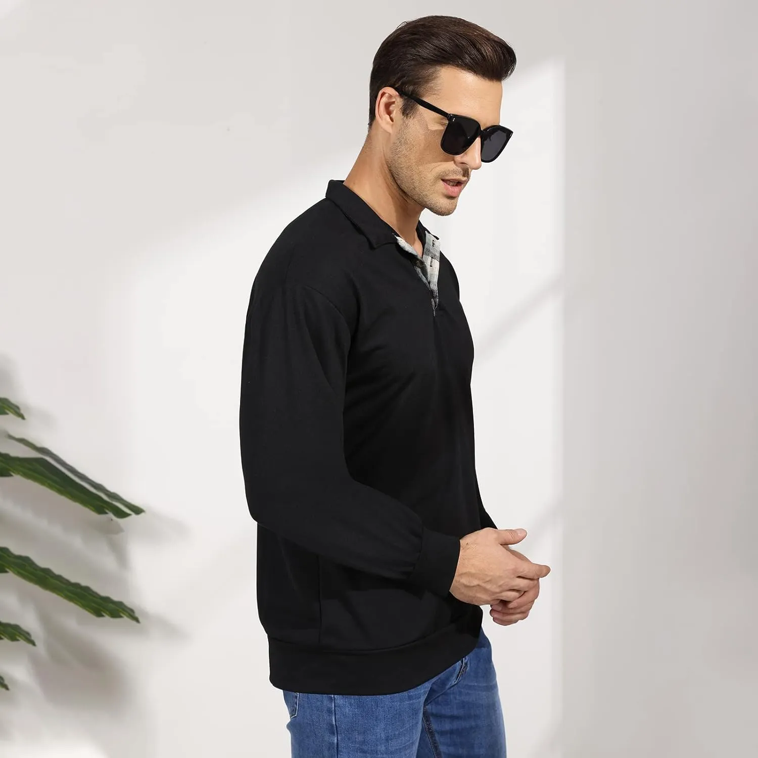 Opomelo Men's Long Sleeve Pullover Polo Shirts-Casual Loose Fit Sweatshirts V Neck Tops