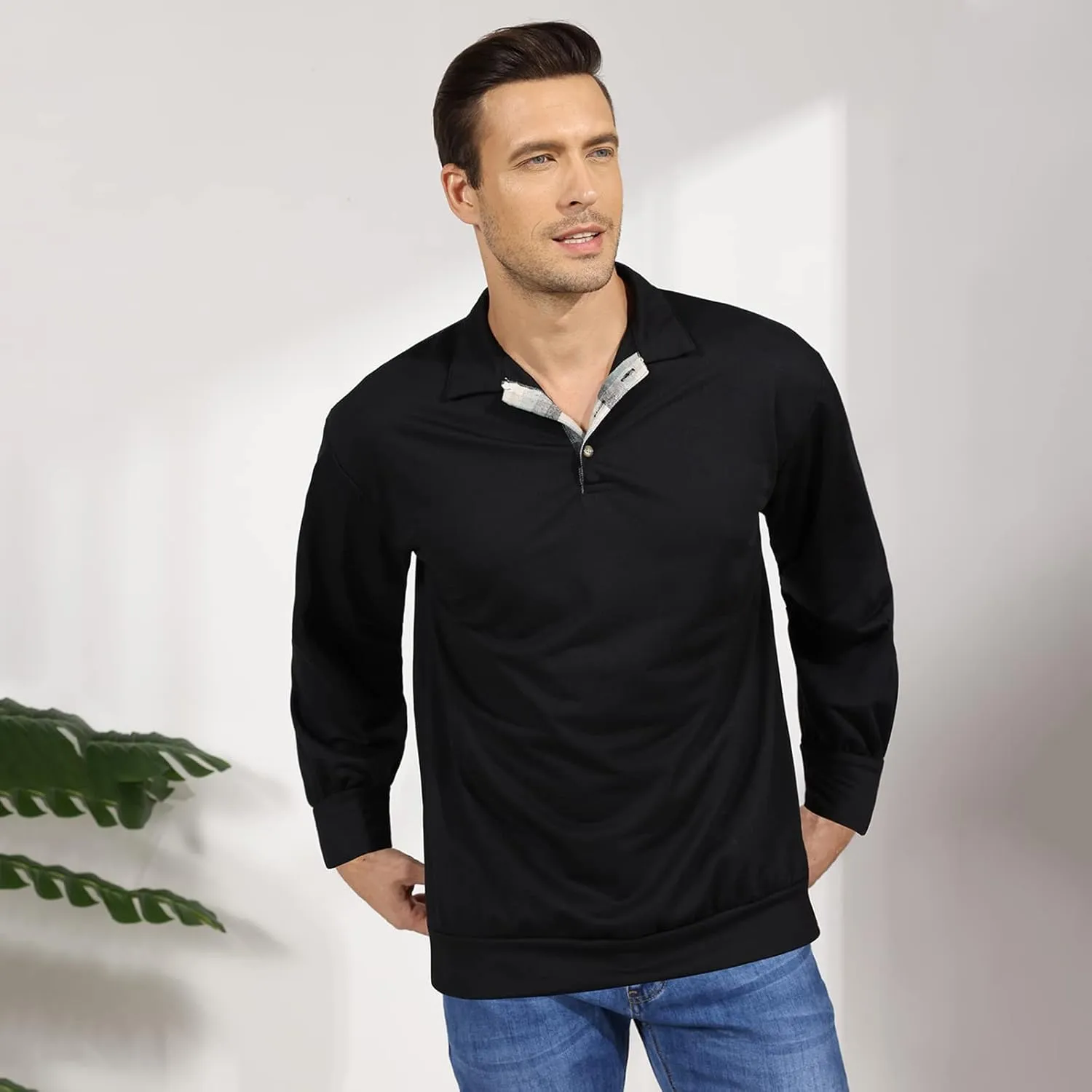 Opomelo Men's Long Sleeve Pullover Polo Shirts-Casual Loose Fit Sweatshirts V Neck Tops