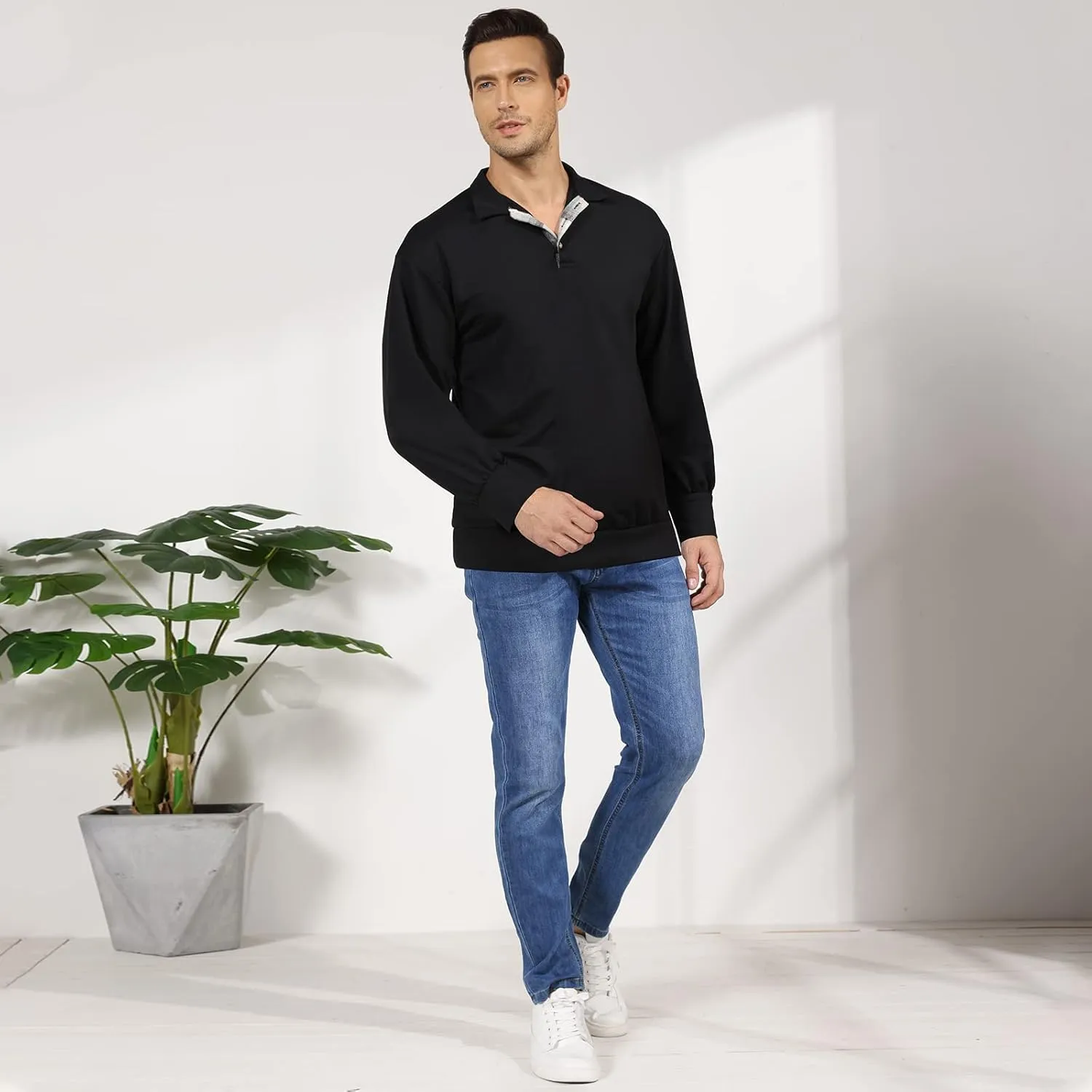 Opomelo Men's Long Sleeve Pullover Polo Shirts-Casual Loose Fit Sweatshirts V Neck Tops