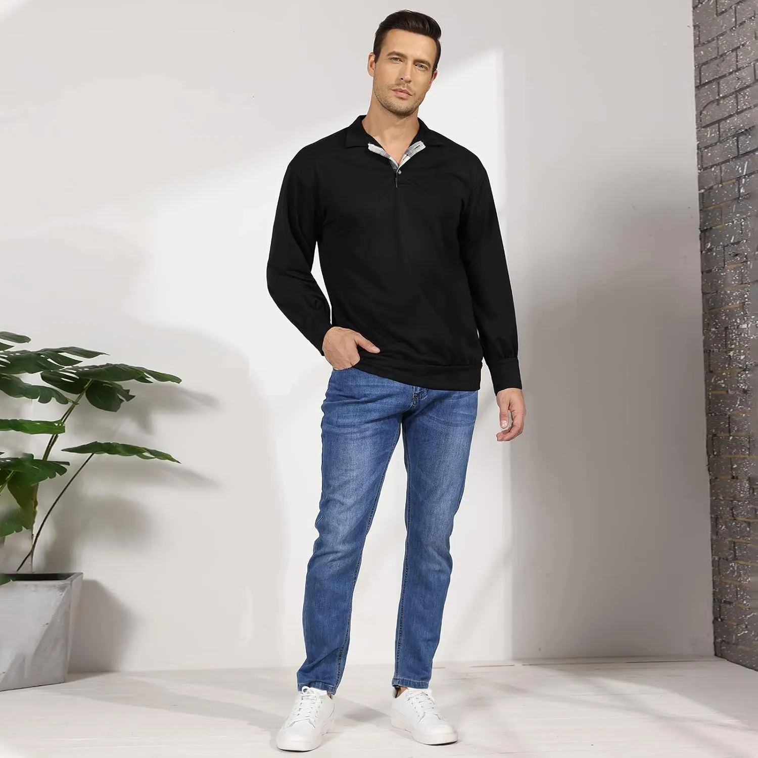 Opomelo Men's Long Sleeve Pullover Polo Shirts-Casual Loose Fit Sweatshirts V Neck Tops