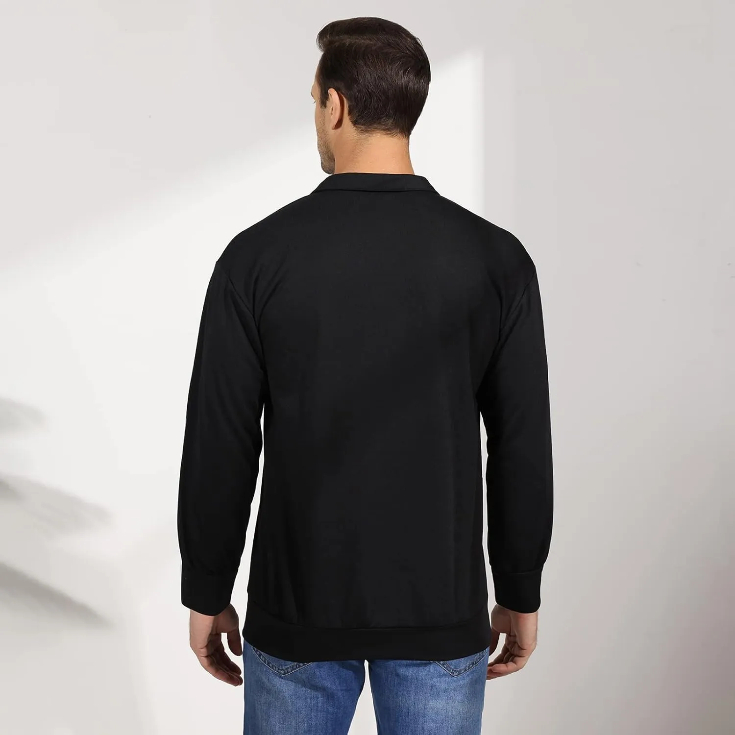 Opomelo Men's Long Sleeve Pullover Polo Shirts-Casual Loose Fit Sweatshirts V Neck Tops