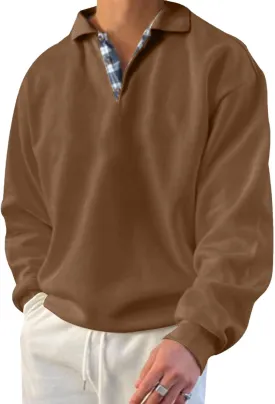 Opomelo Men's Long Sleeve Pullover Polo Shirts-Casual Loose Fit Sweatshirts V Neck Tops