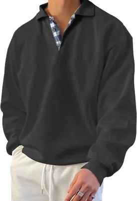 Opomelo Men's Long Sleeve Pullover Polo Shirts-Casual Loose Fit Sweatshirts V Neck Tops