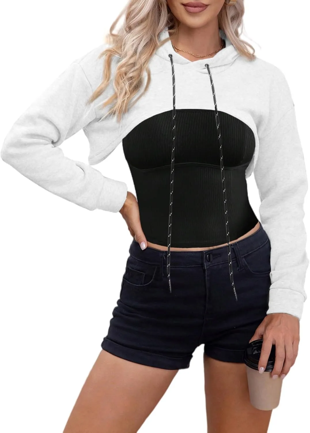 Remidoo Women Super Crop Top Pullover Sweatshirt Long Sleeve Drawstring Hoodie